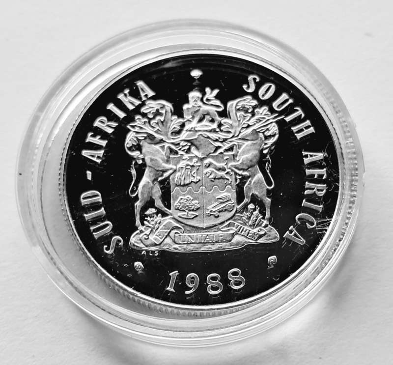 SOUTH AFRICA - 1 RAND 1988 SILVER - HUGEONOTS PROOF COIN (IN CAPSULE)