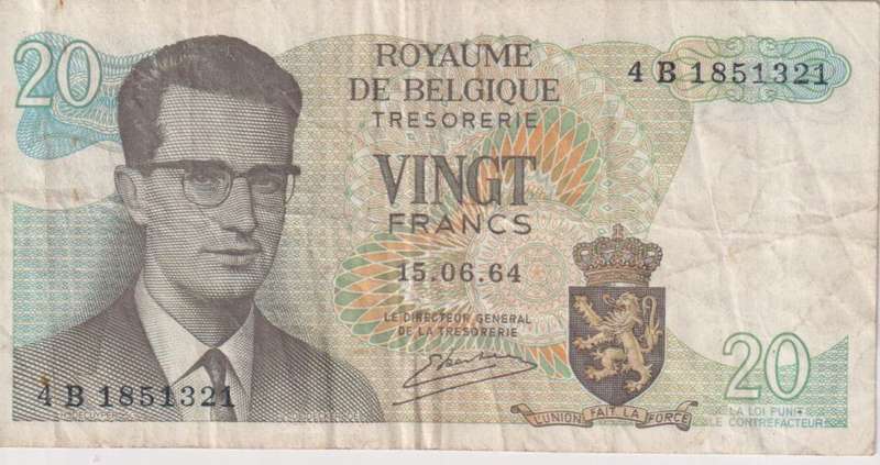 Belgium, 20 Francs, 1964, P-138, VF