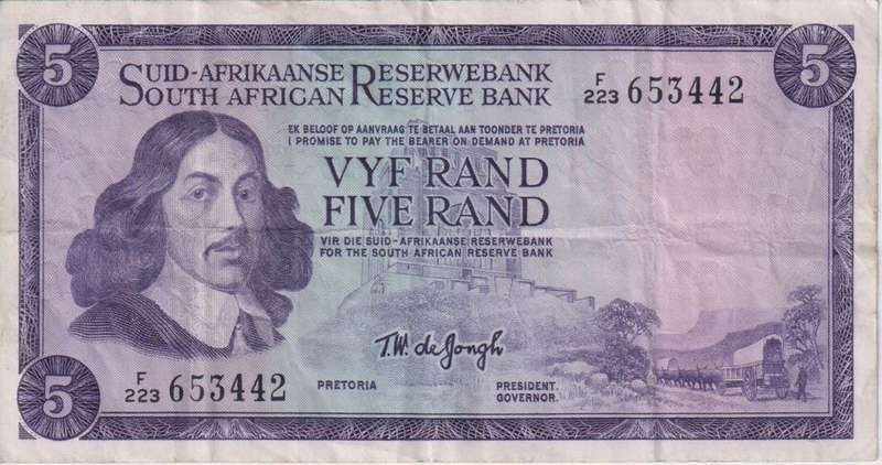 REPUBLIC OF SOUTH AFRICA - 5 RAND T.W.de Jongh F/223  1967  A/E 432 VF