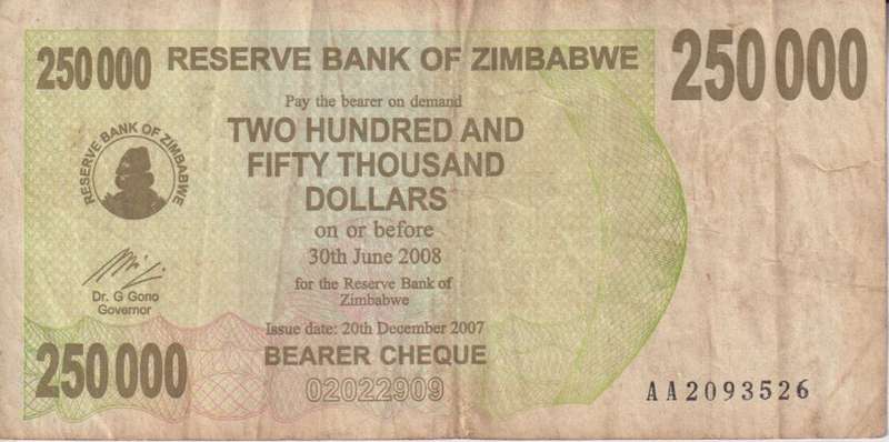 Zimbabwe 250,000  Dollars BEARER`S  CHEQUE 2007 P50 VF
