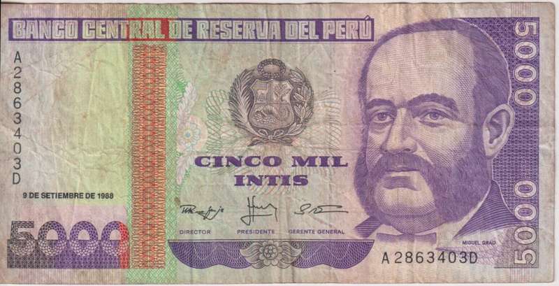 PERU 5000 PESOS 1988 P139 VF (SEPT19880