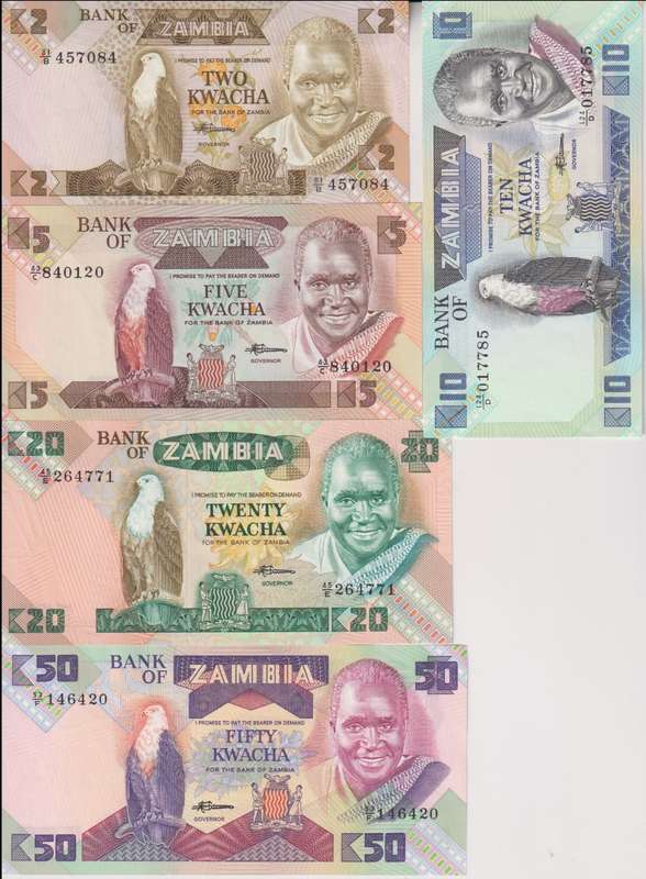 ZAMBIA 2, 5, 10, 20, 50 KWACHA P24-P28 UNC