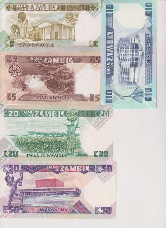 ZAMBIA 2, 5, 10, 20, 50 KWACHA P24-P28 UNC