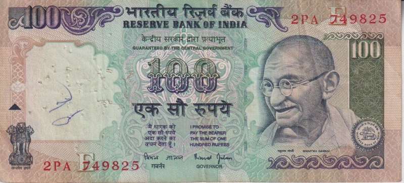 INDIA 100 RUPEES 1996 P91 VF PIN HOLES