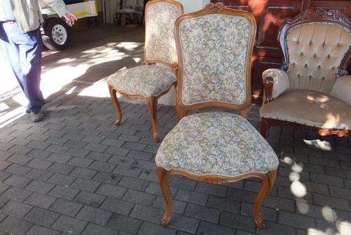 2 x Exquisite Walnut Upholstered Walnut Chairs with beautiful detail in the wood.