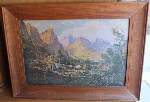 Reduced BEAUTIFUL THINUS DE JONGH PRINT OF MOUNTAINS WITH 0X WAGONS IN THE VALLEY IN ORIGINAL FRAME