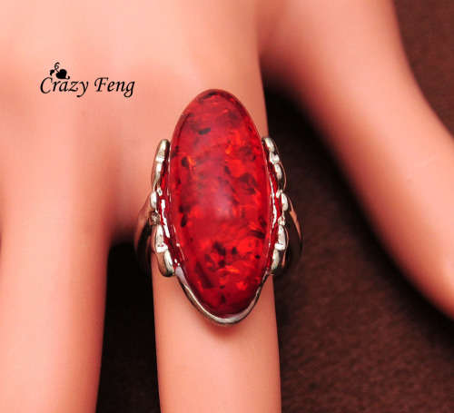 SILVER PLATED NEW ARRIVAL CRYSTAL  ELLIPSE  AMBER WEDDING RING SIZE 18/8