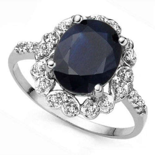 SPARKLING 3.00 CT GENUINE BLACK SAPPHIRE&PC WHITE DIAMONT 0.925 STERLING SILVER WITH PLATINUM RING 7