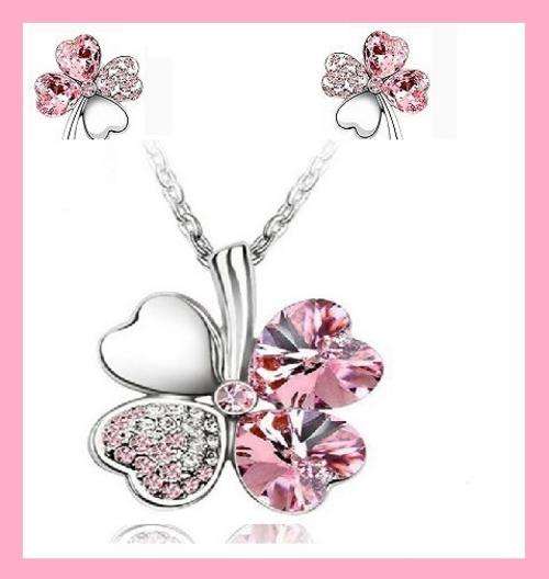PINK CLOVER AUSTRALIAN CRYSTALS NECKLACE WITH MATCHING EAR RINGS