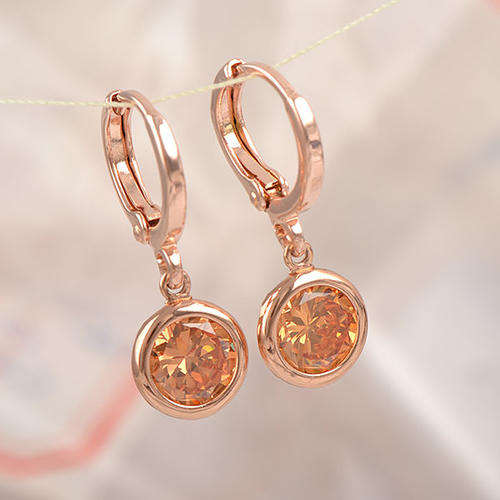 ROSE GOLD FILLED CHAMPAGNE CZ ROUND 6 MM DANGLE EAR RINGS