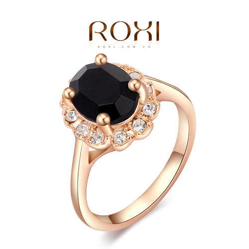 DELICATE ROSE GOLD PLATED BLACK AUSTRALIAN CRYSTAL RING SIZE 8