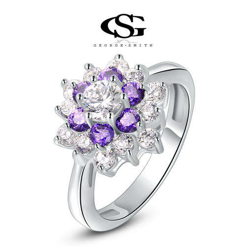 SWISS CZ PLATINUM PLATED LUXURY FLOWER PURLPLE RING ARROW HEART CUTTING SIZE 8