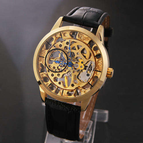 WINNER SKELETON GOLD SURFACE HOLLOW MECHANICAL LEATHER STRAP WATCH
