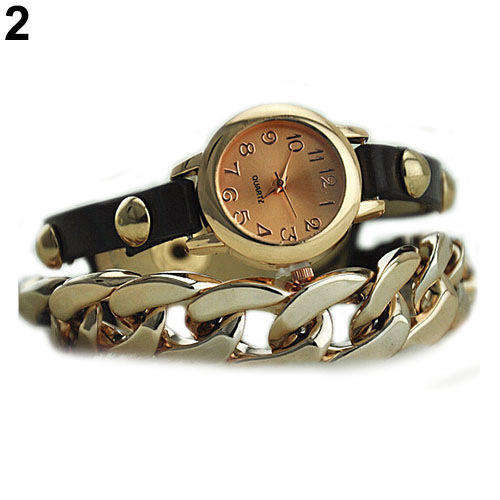 WOMENS PUNK GOLDEN DIAL FAUX LEATHER WATCH BRACELET WITH CHAIN ANALOG QUARTZ