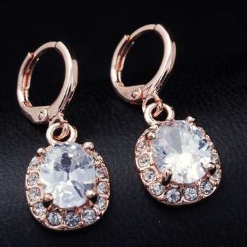 18 KT ROSE GOLD PLATED CLEAR CUBIC ZIRCONIA DROP EAR RINGS