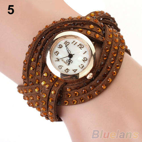 WOMEN  VINTAGE STYLE MULTI LAYER WEAVED RHINESTONE LEATHER WATCH BRACELET