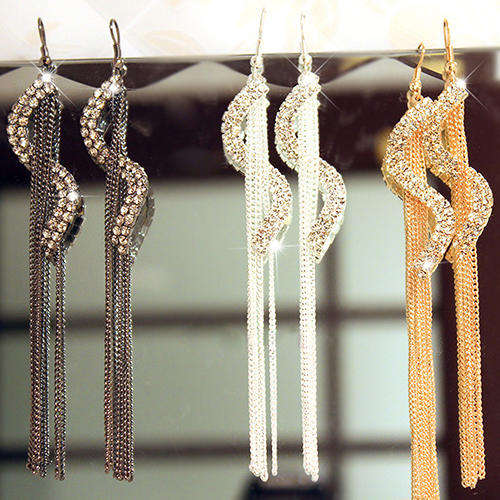 BRILLANT  LONG TASSEL  RHINE STONE DROP EAR RINGS