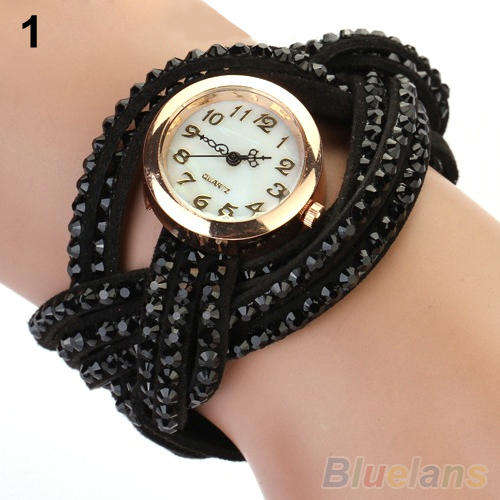 WOMEN  VINTAGE STYLE MULTI LAYER WEAVED RHINESTONE LEATHER WATCH BRACELET