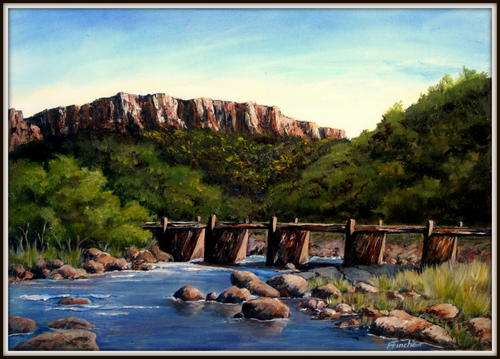 Bridge Over River .Original signed acrylic by Reel Fincham