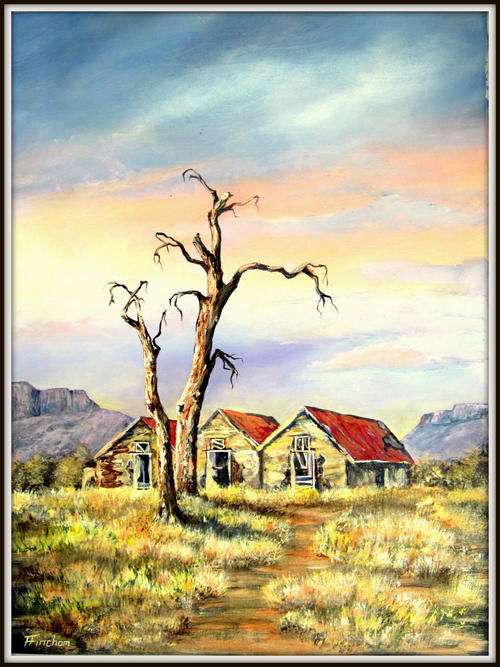 " Three Little Sheds " Original signed acrylic by Reel Fincham