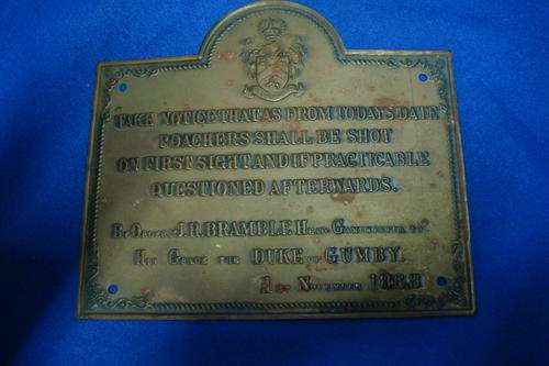 Small Humorous Plaque from the Gamekeeper the Duke of Gumby in November 1868