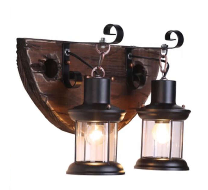 Rustic Wood & Iron Double Wall Lamp - cd69