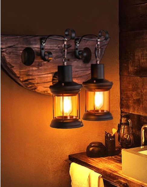 Rustic Wood & Iron Double Wall Lamp - cd69