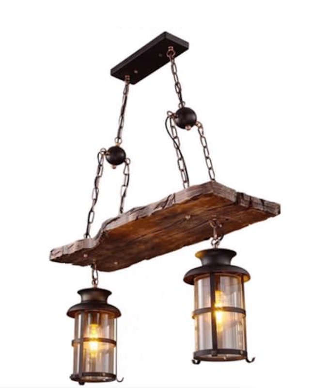 Rustic Wood & Iron 2 Lamp Pendant Chandelier
