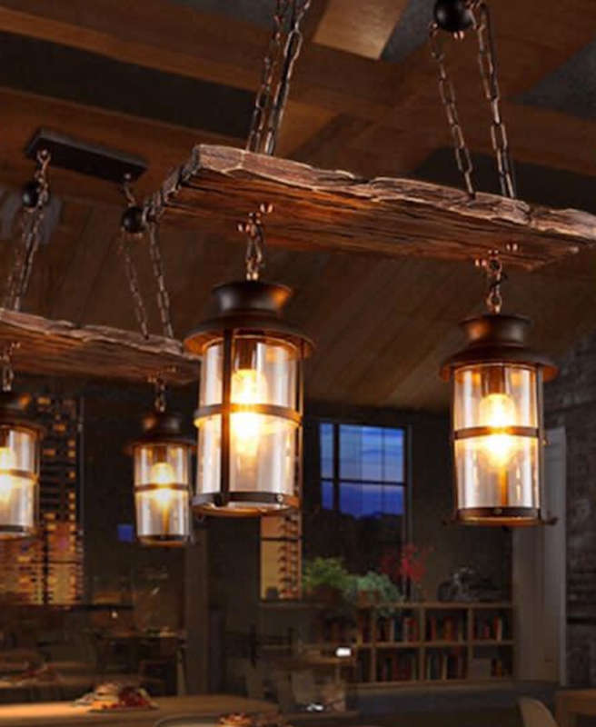 Rustic Wood & Iron 2 Lamp Pendant Chandelier