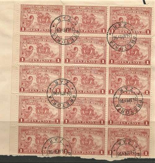 ZAR PENNY POST BLOCK OF 15 SUPERB USED ON PIECE CV R800+