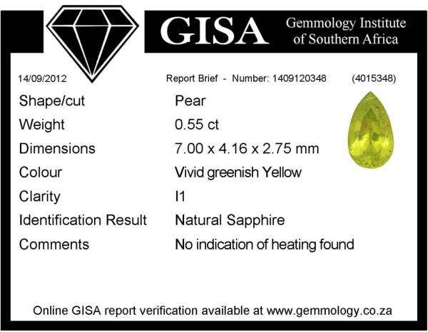 G.I.S.A. CERTIFIED 0.55CT SAPPHIRE  Vivid Neon Greenish Yellowish, I1