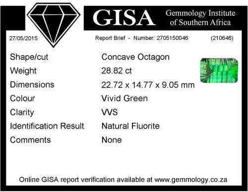*** 28.82CT VIVID GREEN FLUORITE ***  G.I.S.A. Certified