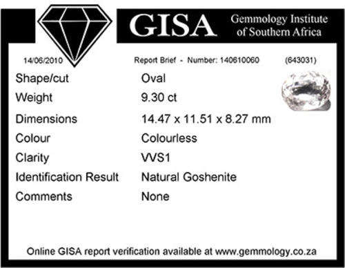 *** BRAZILIAN BERYL *** G.I.S.A. CERTIFIED 9.30CT GOSHENITE  Colourless, VVS1