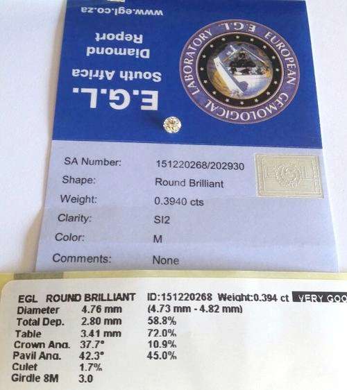 0.394CT DIAMOND [ EGL CERTIFIED ] M / SI2