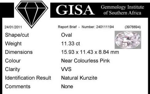 G.I.S.A. CERTIFIED 11.33CT KUNZITE  Pastel Ballerina Pink, VVS
