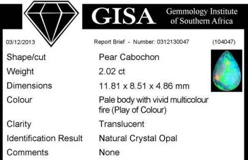 G.I.S.A. CERTIFIED 2.02CT OPAL - Vivid Multi-Colour Play of Fire
