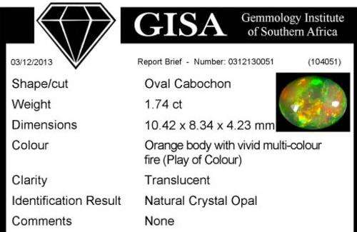 G.I.S.A. CERTIFIED 1.74CT OPAL - Vivid Multi-Colour Play of Fire