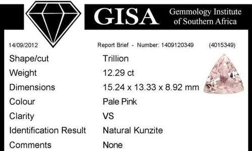 G.I.S.A. CERTIFIED 12.29CT KUNZITE  Pale Pink, VS