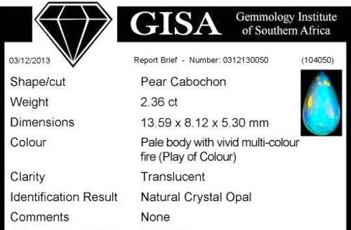 G.I.S.A. CERTIFIED 2.36CT OPAL  -  Vivid Multi-Colour Play of Fire