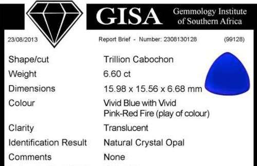 6.60CT G.I.S.A. CERTIFIED OPAL  -  Vivid Blue with Pink fire
