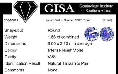 1.66CT TANZANITE MATCHING PAIR [G.I.S.A.CERTIFIED] Intense Blue Violet (bV4/4), VVS
