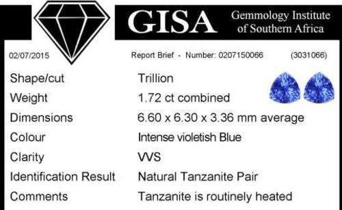 1.72CT TANZANITE MATCHING PAIR [G.I.S.A.CERTIFIED] Intense Violet Blue (vB4/4), VVS