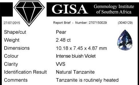 2.48CT TANZANITE [G.I.S.A.CERTIFIED] Intense Blue Violet (bV4/4), VVS, Pear