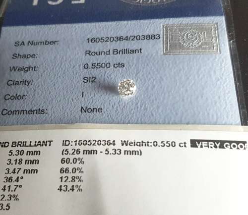 * EGL Certified Diamond *   0.550CT DIAMOND  I / SI2
