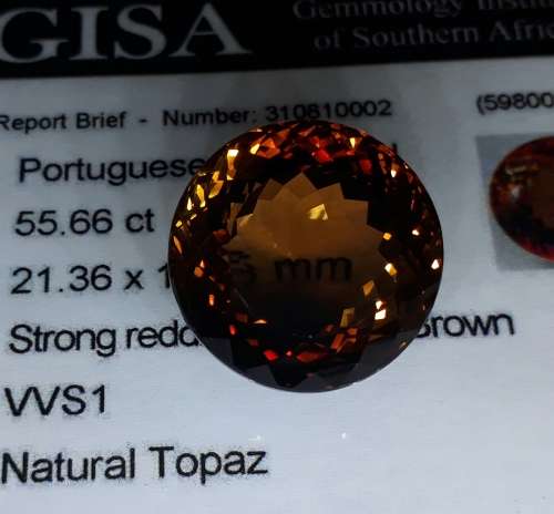 G.I.S.A. CERTIFIED 55.66CT TOPAZ  Strong Reddish Brown, VVS