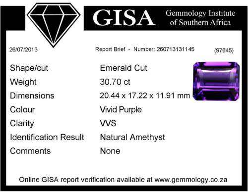 G.I.S.A. CERTIFIED 30.70CT ARTIGAS AMETHYST - Vivid Royal Purple