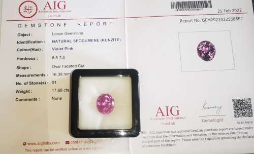 17.62CT KUNZITE * AAA+ Grade Certified Kunzite *