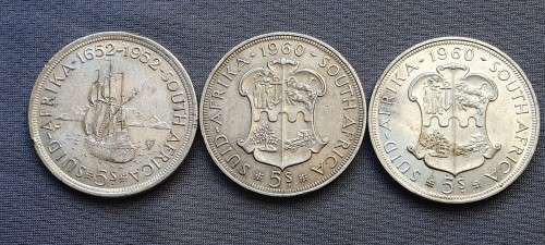 Lot of 3 x 5 Shilling coins (1952 and 1960) - 50% Silver