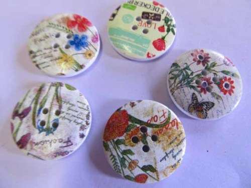 Embellishments Wood, Button, Floral Design, Multi Coloured, 25mm, 4pc