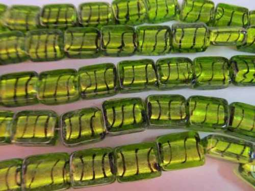 Glass Beads Fancy, Flat Rectangle Foil Beads, Olive Green with Black Stripes, 15mm x 12mm, 8pc